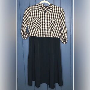 Checkered & Solid Dress Sz Medium Cream Black Retro Corporate Goth Dark Academia